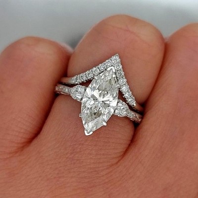 Marquise Cut Moissanite Engagement Ring With V Shape Matching Band Bridal Set