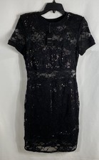 NWT Bebe Women's Black Sequined Lace Bodycon Tee Dress Short Sleeve Sz M