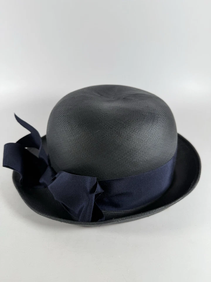 Frank Olive Vintage Navy Straw Bowler Hat Union Made Grosgrain Bow Medium - Image 2 of 4