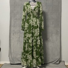 Patrons of Peace Maxi Dress Womens M Green White Floral Empire Waist Long Sleeve