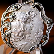 Vintage Antique French~4 SEASONS-"SUMMER" NOUVEAU LADY~MARCASITE Metal Button