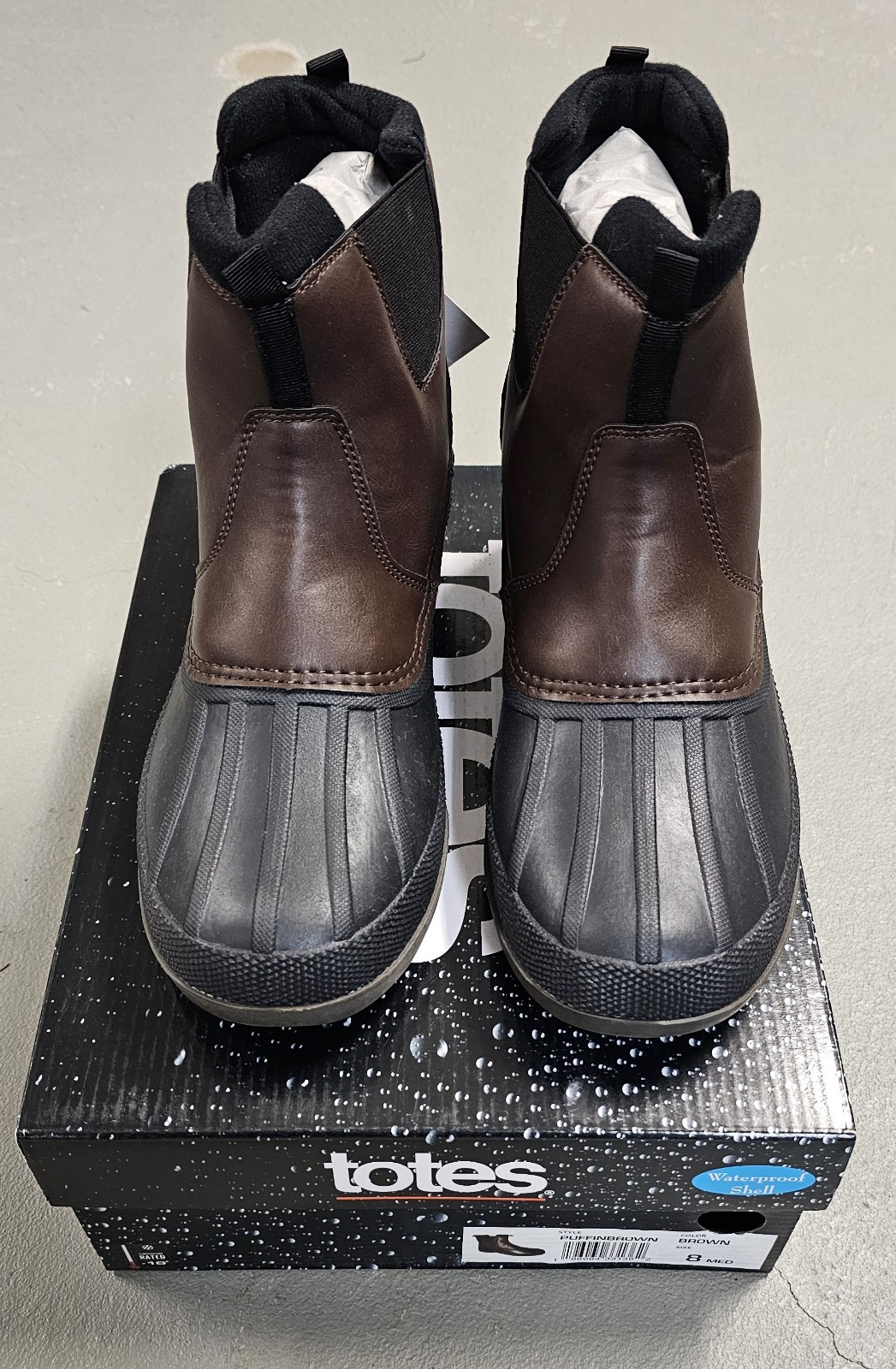 TOTES Puffin Brown Waterproof Boots, NWT, Size 8 Mens