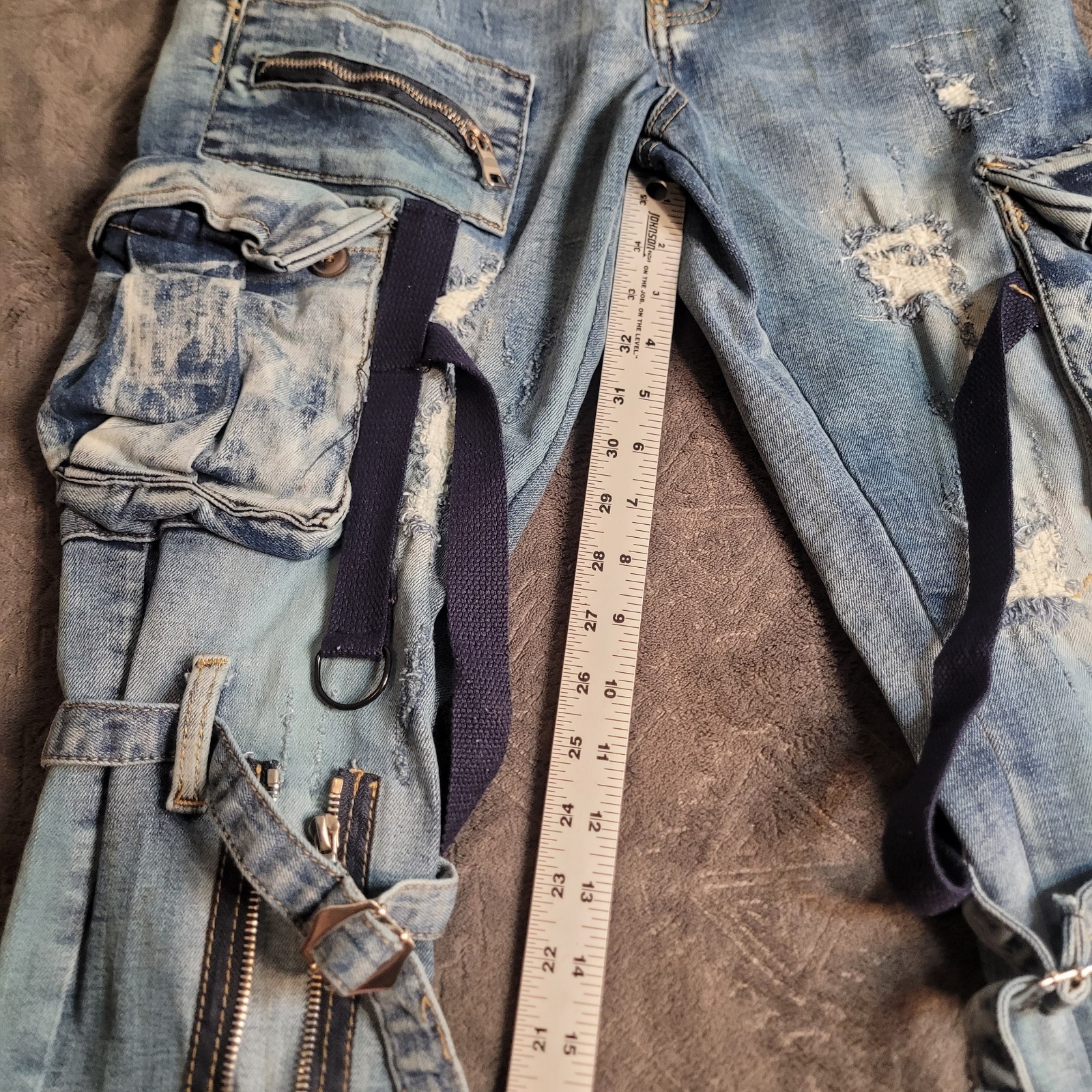 VALABASAS Jeans Cargo Pockets Design Straps Leg Zippe… - Gem