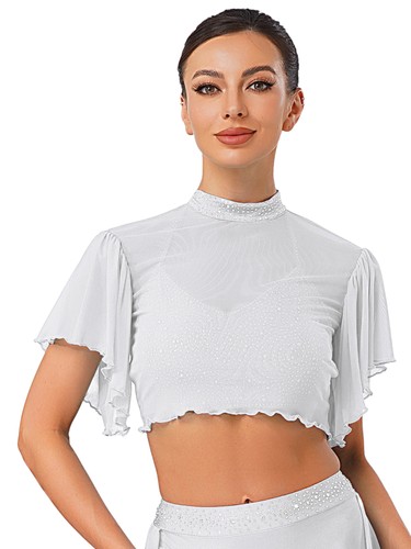 Womens Crop Top Pole Tops Short Sleeve Shirt Daily Wear Dance Sheer Cardigan - Picture 64 of 96