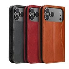 Genuine Leather Magnetic Cover Flip Wallet Case Stand f iPhone 15 16 17 Pro Max