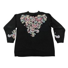 Vintage Sweater Rebecca Stone Black Pearl Embroidered Floral 90s Large