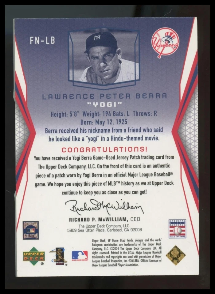 2004 SP Game Used Patch Famous Nicknames Yogi Berra Jersey /19 SSP Wool Yankees - Image 2 of 2