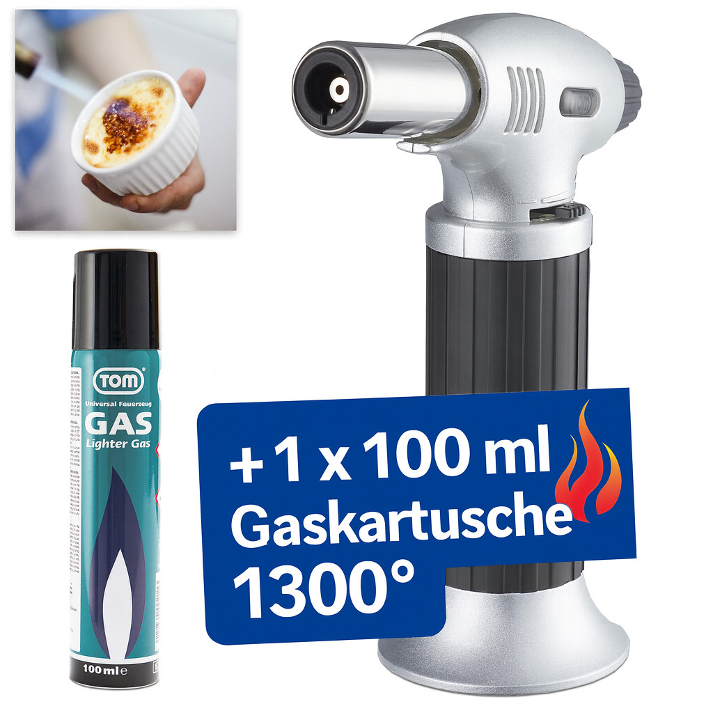 Flambierbrenner mit 100ml Gaskartusche Piezozündung Creme Brulee Bunsen Brenner
