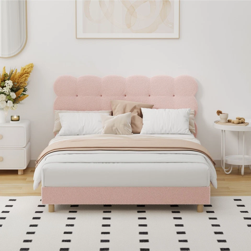 Oikiture Bed Frame Double Size Tufted Bedhead Boucle Fabric Pink - image 2 of 4