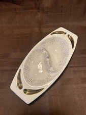 Vintage Retro Mid Century Atomic Ceramic Ashtray White Gold Accents MCM