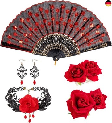 DRESHOW Haarspange mit Rosenblume Stoff ausgehöhlt Handheld Faltbar Fächer Set H