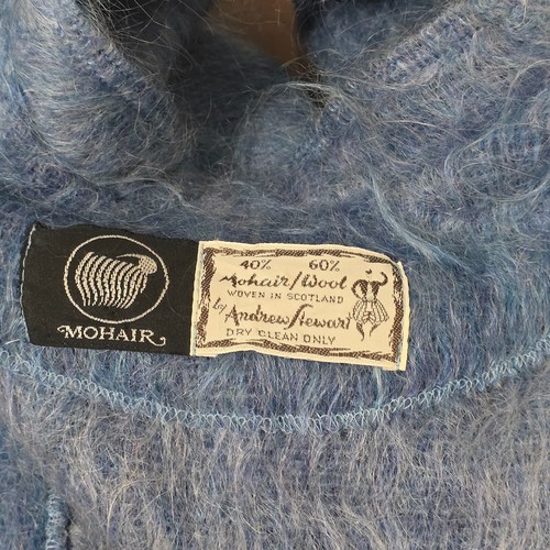 Andrew Stewart Knit Poncho Cape Blue Plaid Mohair Wool Made in Scotland Vintage - Picture 5 of 6