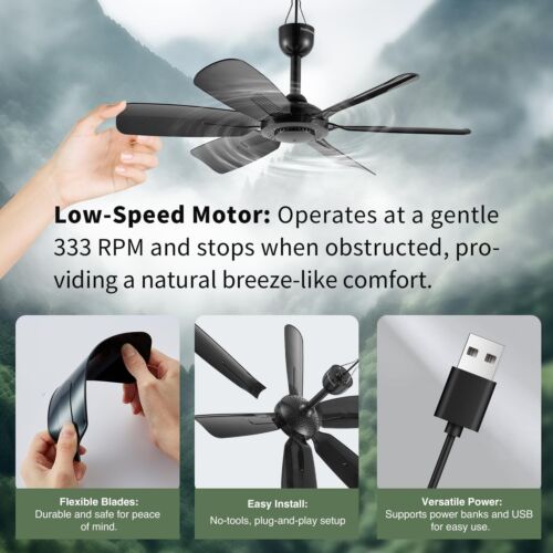 17.7" Inch Small Portable Ceiling Fan, USB Plug In, 5V DC Powered, 6 Blades, ... - Picture 3 of 6
