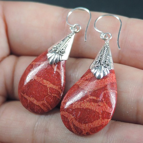 925 Sterling Silver Asymmetrical Teardrop Natural Red Coral Earrings, RCE-227 - Bild 3 von 6