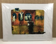 John Cheng matted print collage, signed, #9/25, Women in Bathhouse, Koi, 9x12