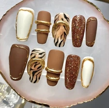 Fall Toned Tiger Animal Print Design Hand Painted Nail Fake False Glue On Nail