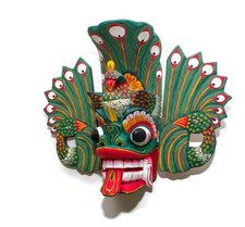 8" Handmade Wall Hanging Traditional Green Peacock Wood Carving Mask Collectible