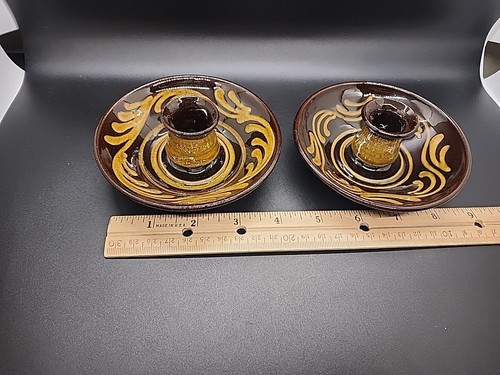 4.5" Norsk Folkemuseum Vtg Studio Pottery Candlestick Holders in Brown, Norway - Picture 8 of 9