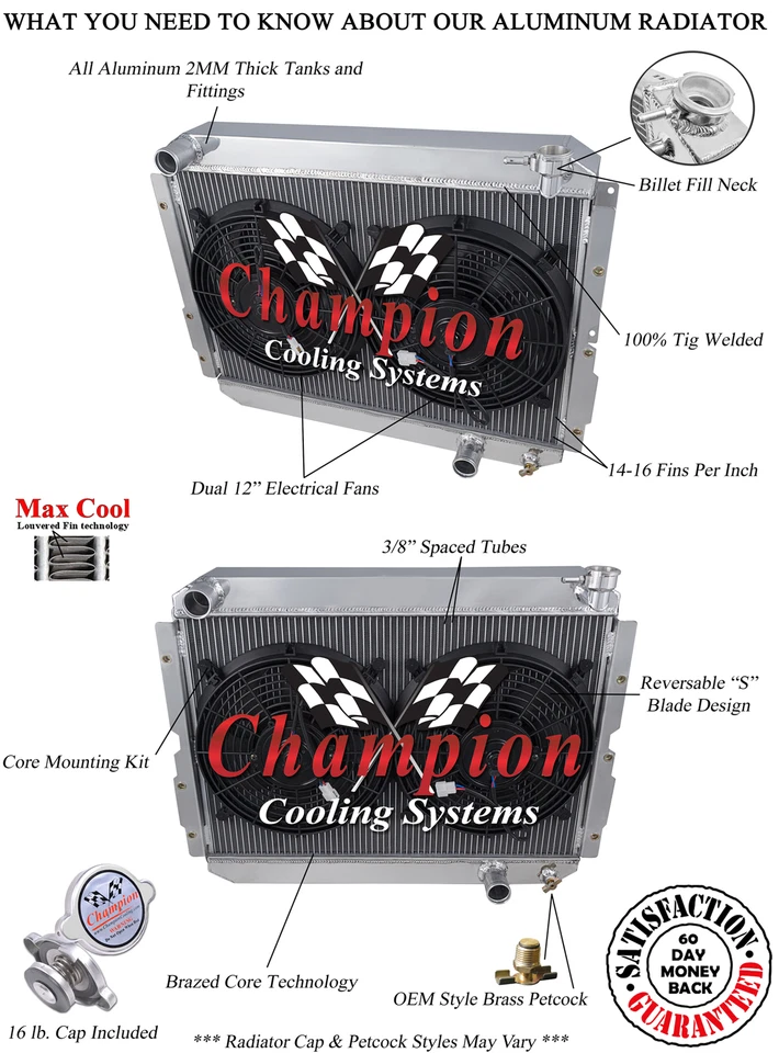 Radiador RR Champion 2 filas, 2 ventiladores de 12" para Toyota Land Cruiser FJ65 1981-1990 Foto 3 de 4