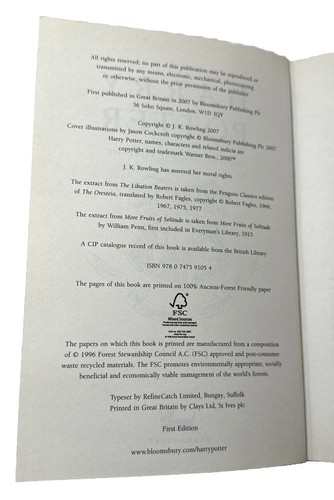 First Edition Harry Potter and the Deathly Hallows Book, JK Rowling, Hardcover - Imagen 2 de 8