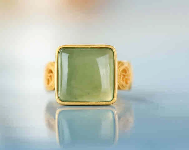 B23 Anello Giada Verde Quadrato Mulinello Ruota 925 Sterling Placcato Oro Aperto - Immagine 2 di 4