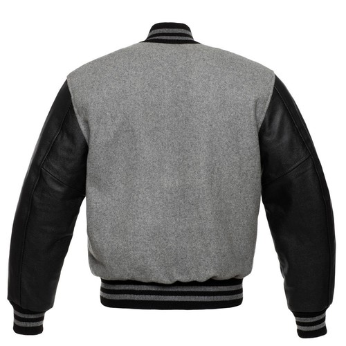 Stewart & Strauss Premium Grey Wool & Black Leather Varsity Bomber Jacket - Picture 3 of 6