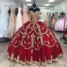 Sparkly Quincenera Ball Gown Off Shoulder Golden Appliqued Prom Party Sweet 15 
