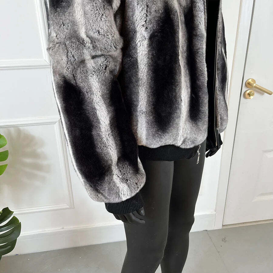 Winter Men's Chinchilla Hood Bomber Jacket Real Rex Rabbit Fur Coat Warm Outwear