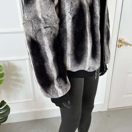 2025 Winter Chinchilla Hood Bomber Jacket Real Rex Rabbit Fur Coat Warm Outwear - Picture 7 of 9