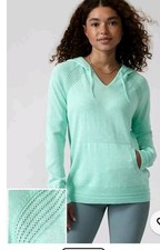 Athleta Evergreen Hoodie Sweater Mint Green Medium Knit V-Neck Kangaroo Pocket