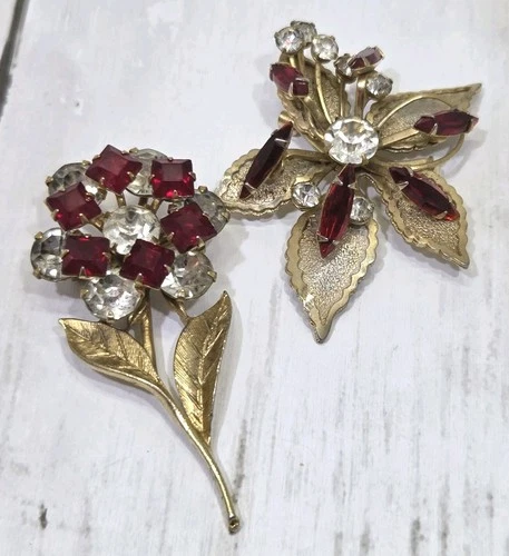 Vtg Rhinestone Brooch Pin Lot Red Clear Flower Goldtone Metal Costume Jewelry