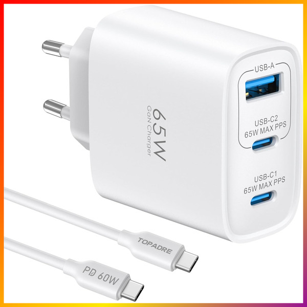 Usb C LadegeräT 65W 3-Port Power Supply Mit 60W Kabel 1M Pps Pd Schnellladung-image