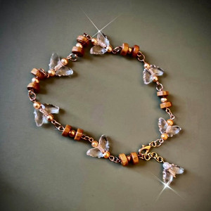Authentic Wooden bead and glass butterfly anklet. Gold plated chain.