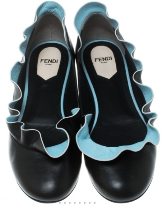 FENDI Gorgeous Black With Blue Detail Frilled Trim Ballet Flats 37.5