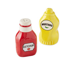 Red  Yellow Ceramic Mustard  Ketchup Salt and Pepper Shaker Set/2 Feed Safe