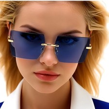 Rimless Sunglasses Square Blue Lens Gold Accents Fashion Trendy Sun Glasses New