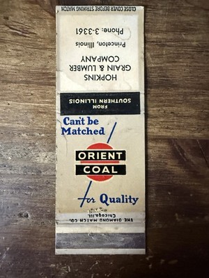 D943 Orient Coal Hopkins Grain Lumber Princeton Illinois Vintage Matchbook Cover