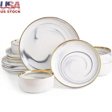 Marble Gold Rim Dinnerware Sets Porcelain Plates and Bowls Modern Dish Set for 4