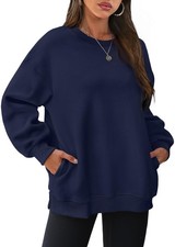 Crewneck Sweatshirts Women Long Sleeve Pullover Tops with Pockets Navy M