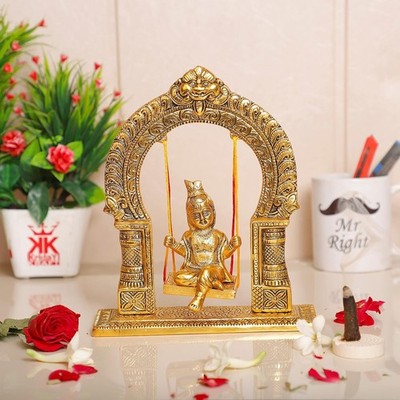 Metal Laddu Gopal Swing Jhula Gold Plated Krishna Palna Figurine Statue Artefact