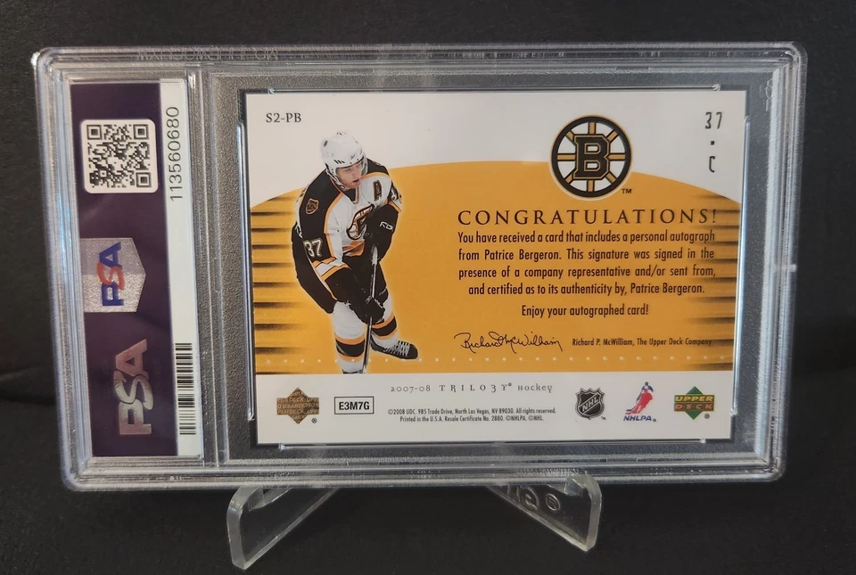 2007 UPPER DECK TRILOGY #S2-PB PATRICE BERGERON SCRIPT AUTO PSA 9 Pop 1 - Image 2 of 2