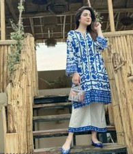 Indian Co-ord Set ; Women White  Blue Ethnic Printed Rayon Kurta Palazzo Set