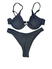 Black Ribbed Bikini Set Women’s Size M Underwire Push-Up Top & High Leg Bottoms