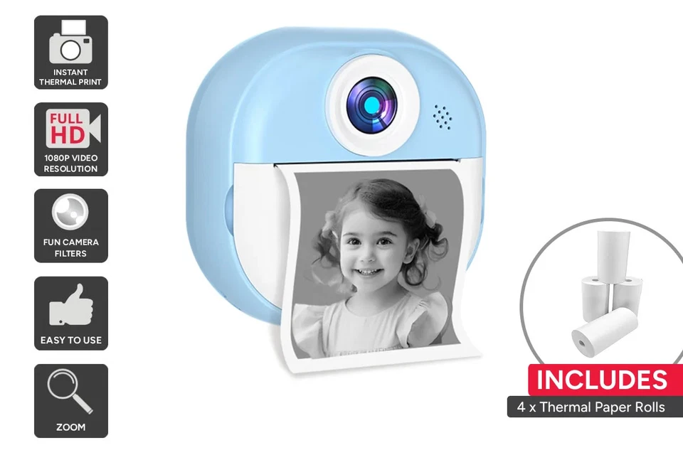 Kogan Kids Instant Print Digital Camera with 4 Rolls (Blue), Instant Cameras,