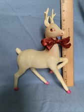 Vintage Christmas deer Japan Celluloid large 9 White w pink accents Prancing