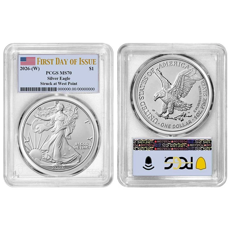 Preventa - Etiqueta bandera American Silver Eagle 2026 (W) $1 graduación profesional MS70 FDOI Foto 3 de 3