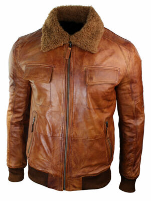 Mens Biker Bomber Rust Tan Brown Removable Fur Collar Real Leather jacket