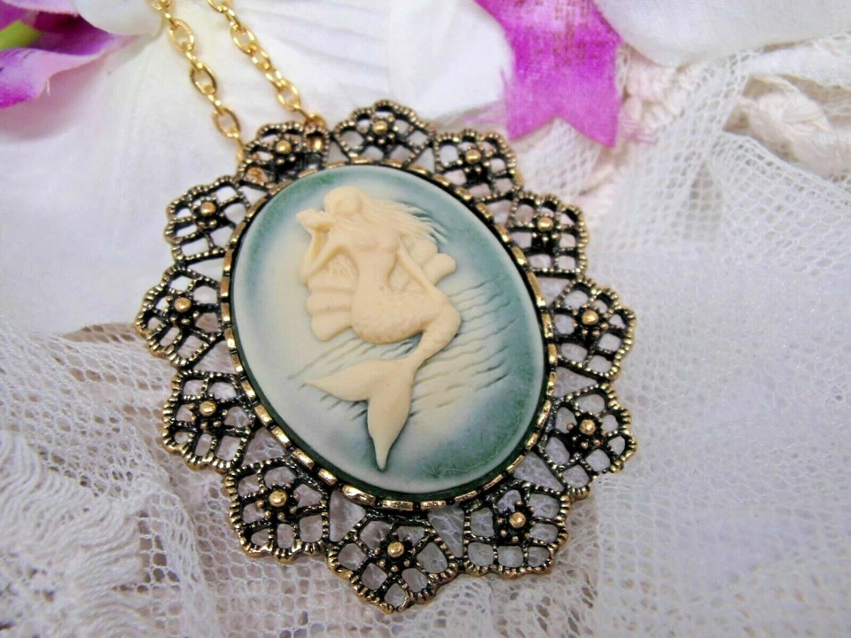 绿色贝壳 MERMAID 沙滩毛巾胸针吊坠项链 CAMEO 船帽别针  — 第 3/4 张图片