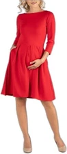 24seven Knee Length Fit N Flare Maternity Dress with Pockets Red M