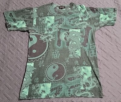 TABOO Green Dragon Ying Yang All Over Print shirt Men's Large USA  Gently Used 